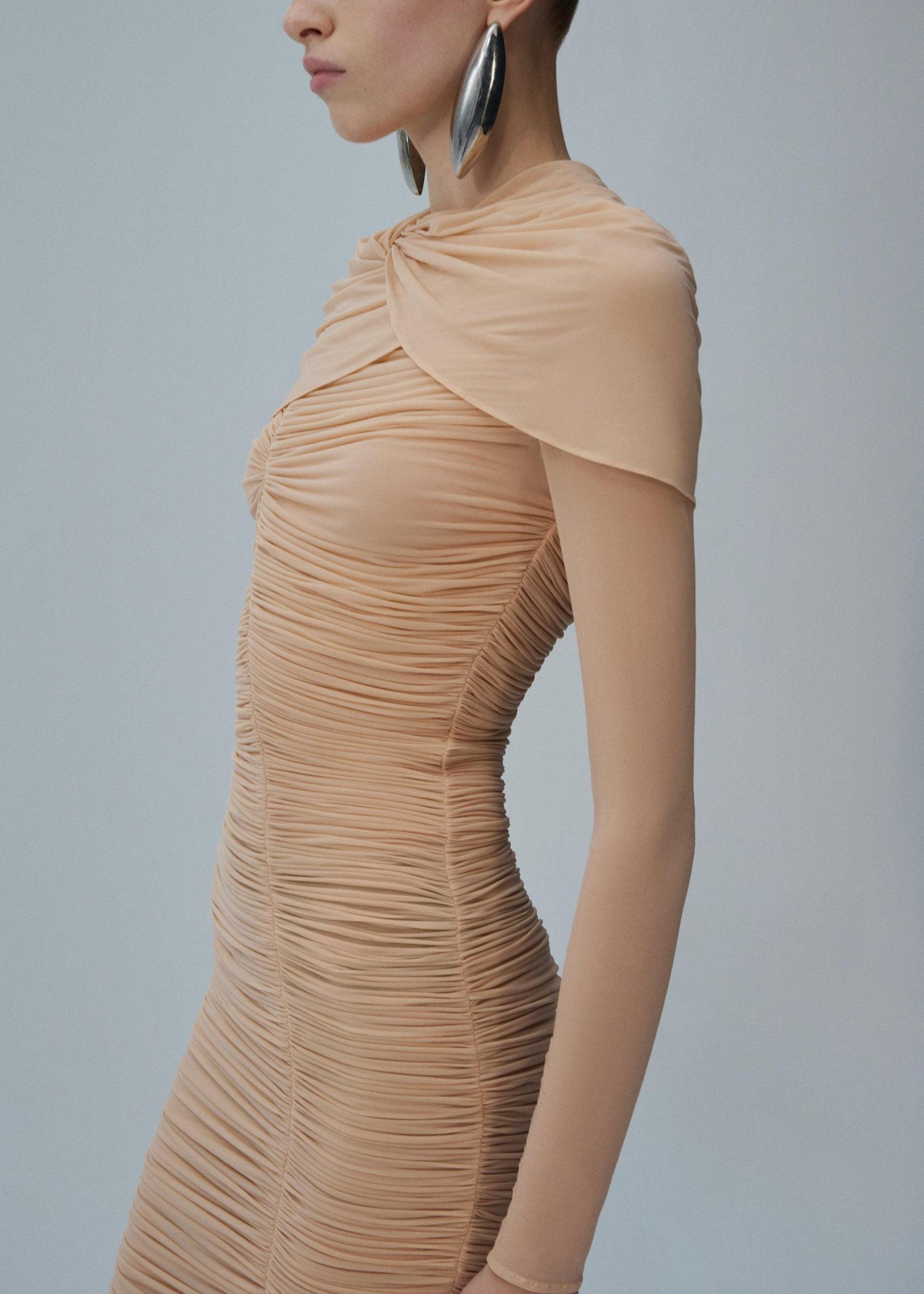 Draped high neck midi dress in beige Product Image