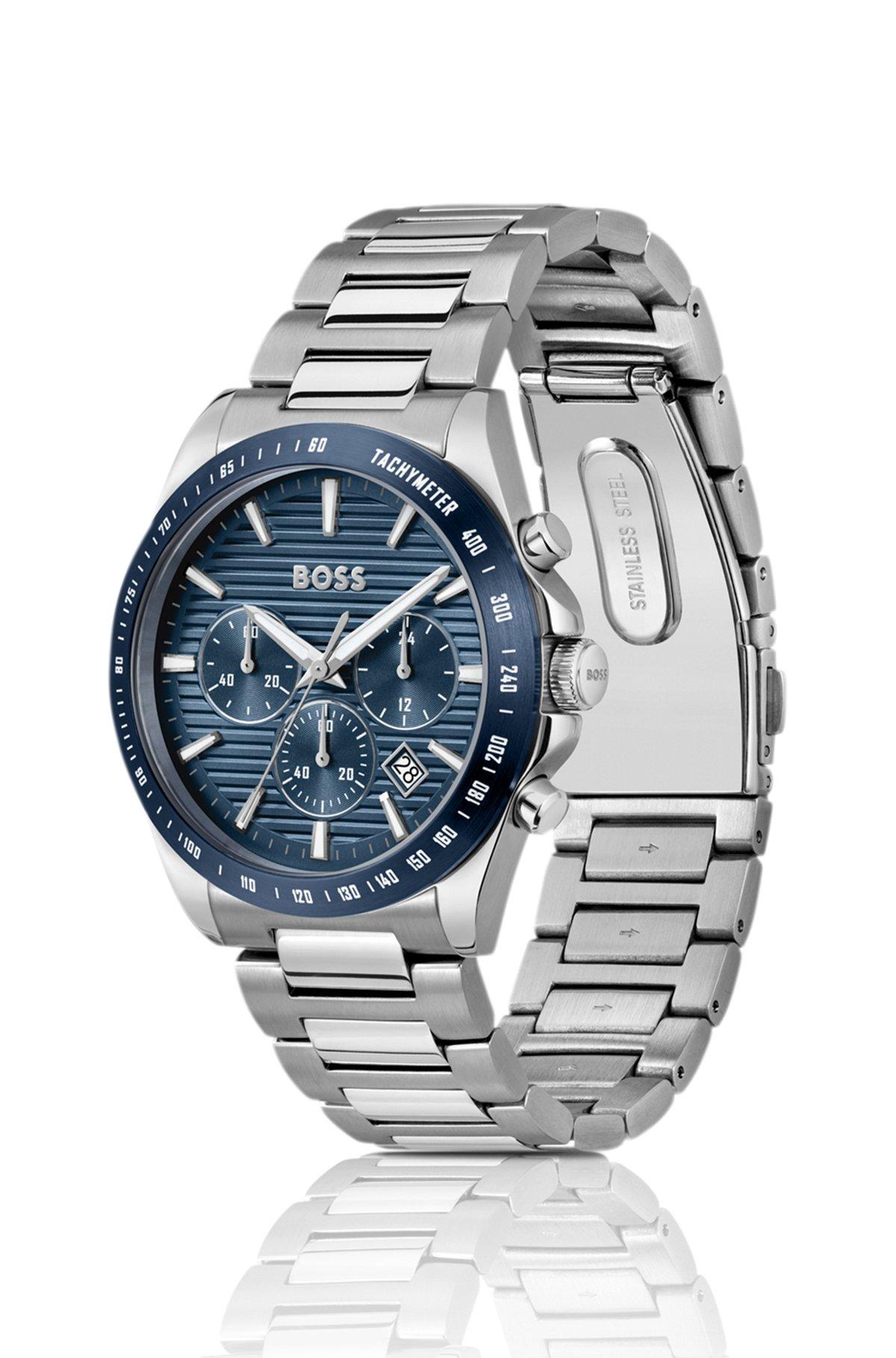 Link-bracelet chronograph watch with blue textured dial Product Image