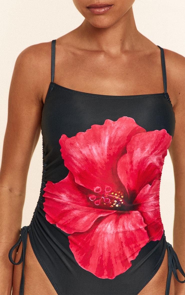 Black Hibiscus Print Strappy Swimsuit Product Image