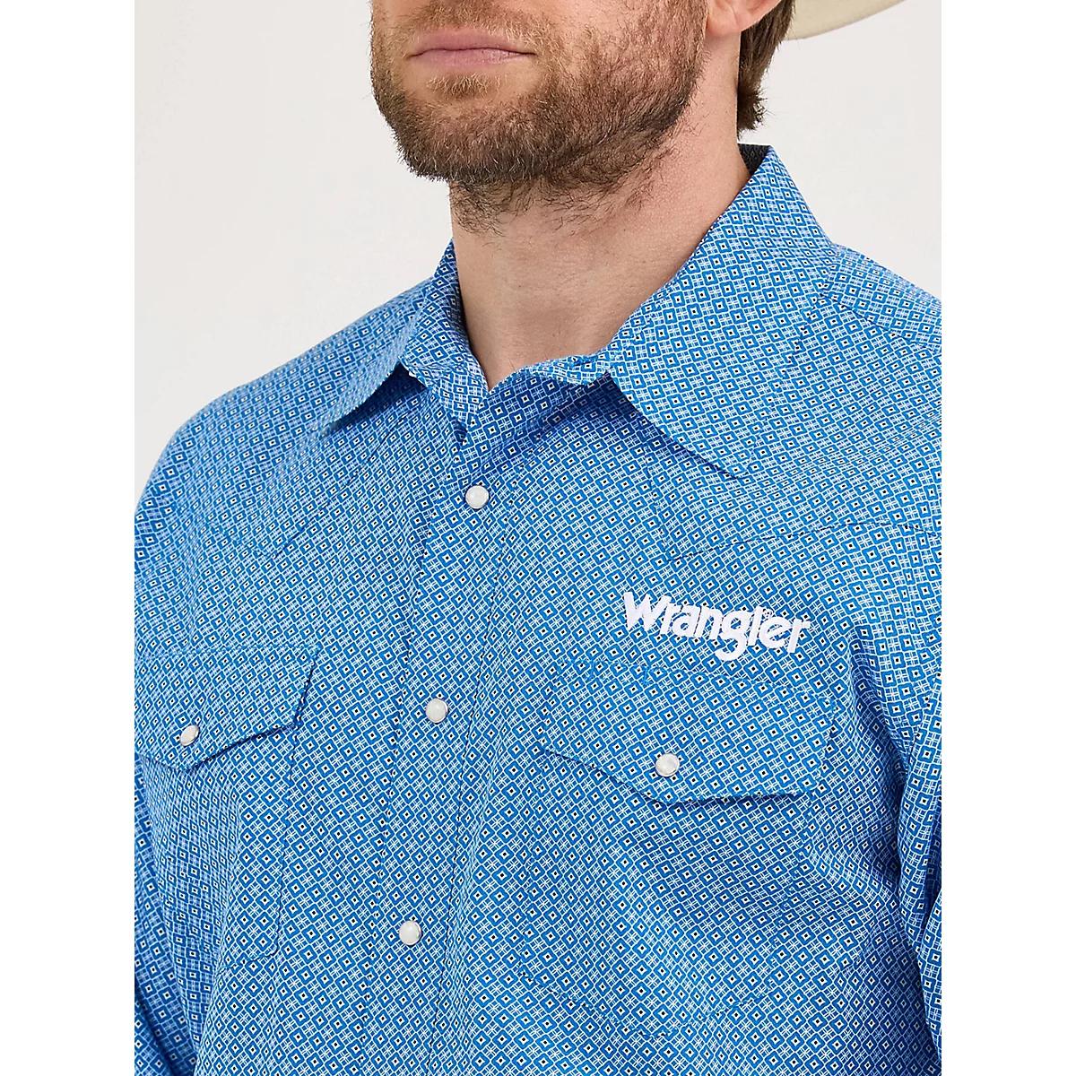Men's Wrangler® Logo Long Sleeve Western Snap Print Shirt in Cerulean Product Image