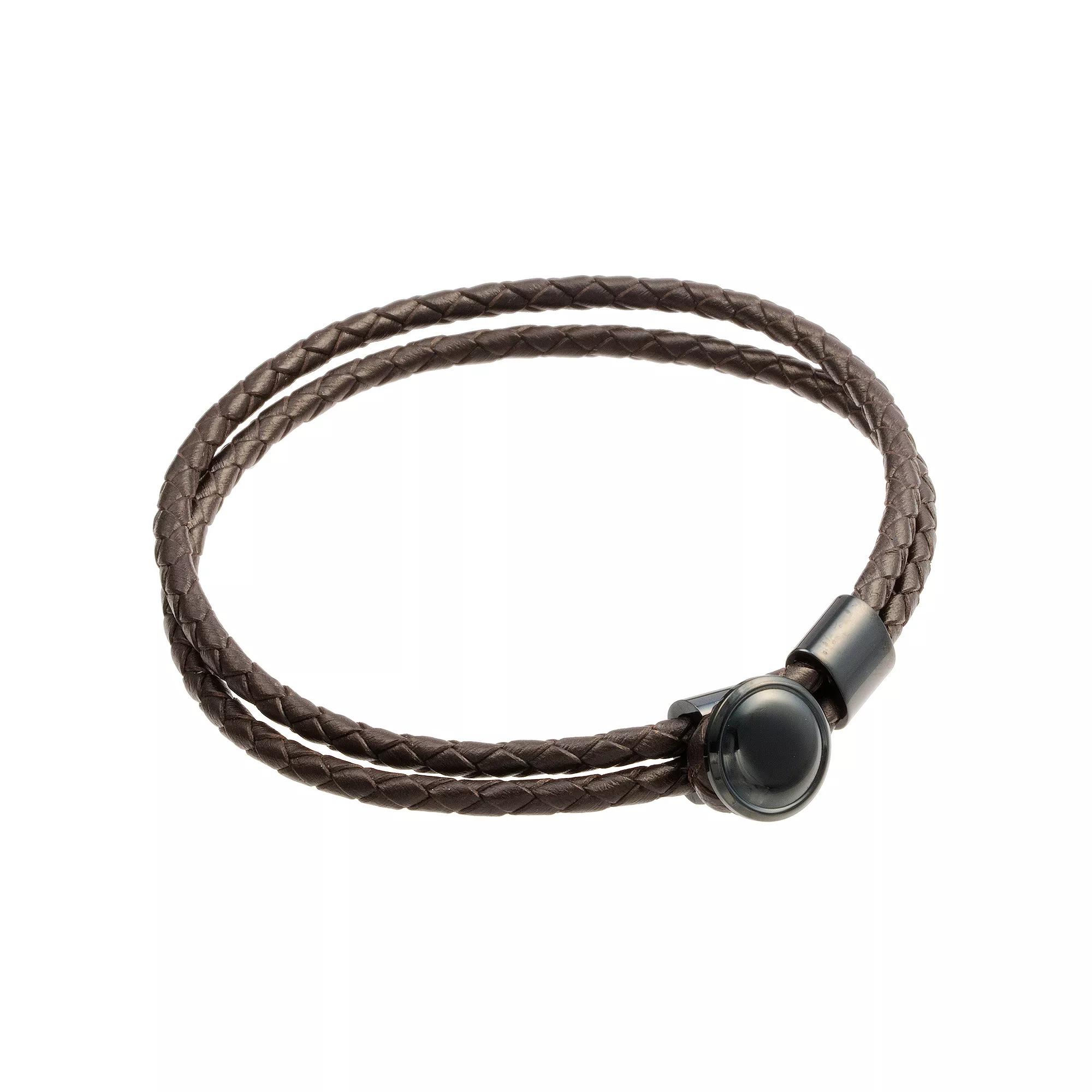 Mens LYNX Black Ion-Plated Stainless Steel Brown Leather Bracelet Two Tone Product Image