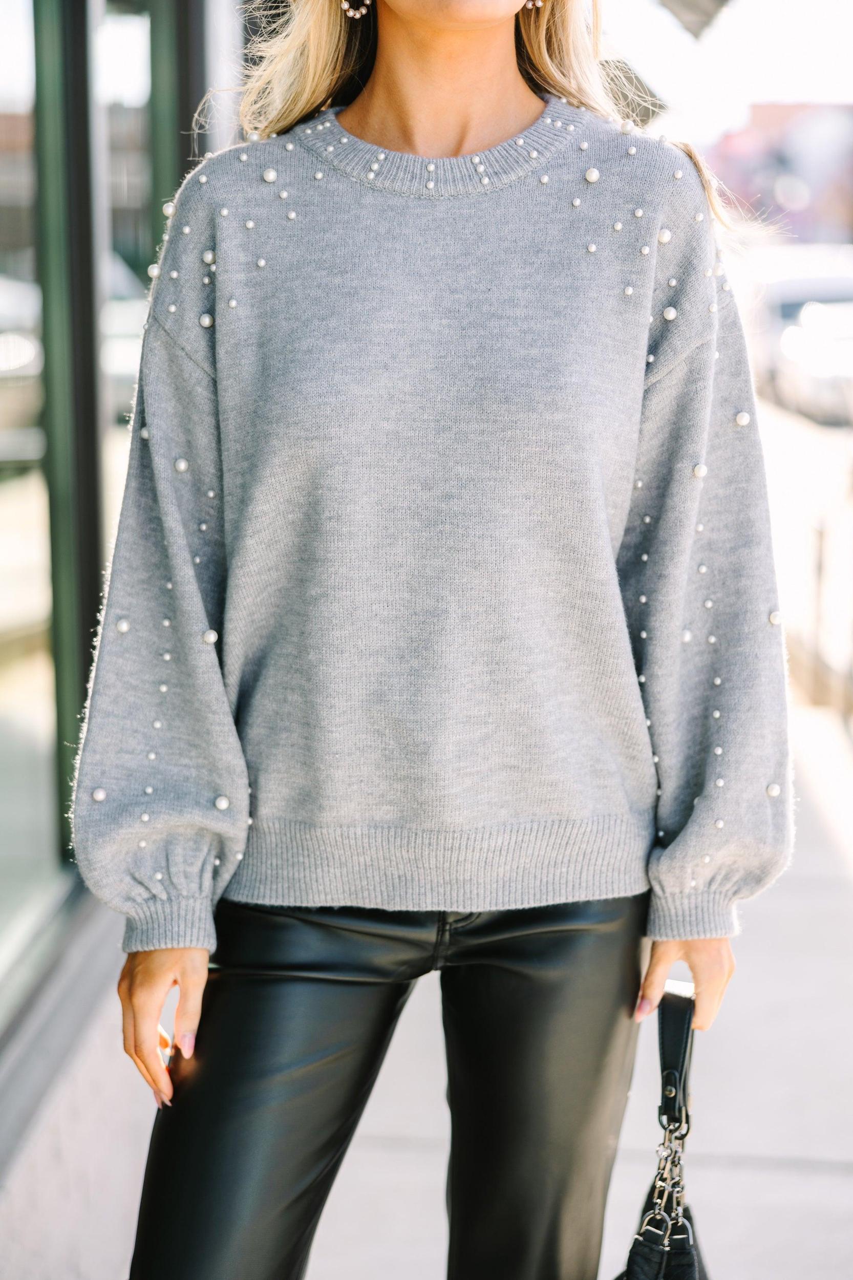 Can't Help But Love Dark Gray Pearl Studded Sweater Female Product Image