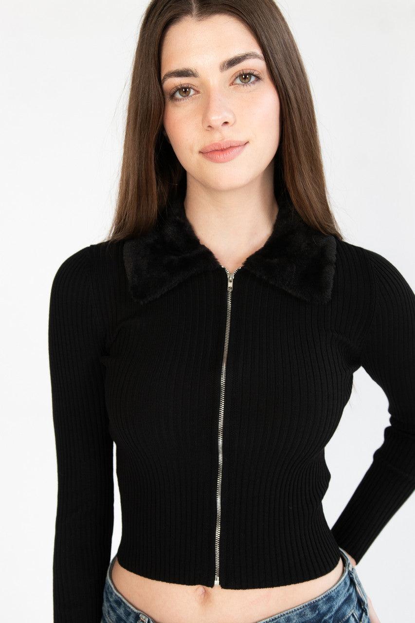 Fur Collar Zip Cardigan Product Image