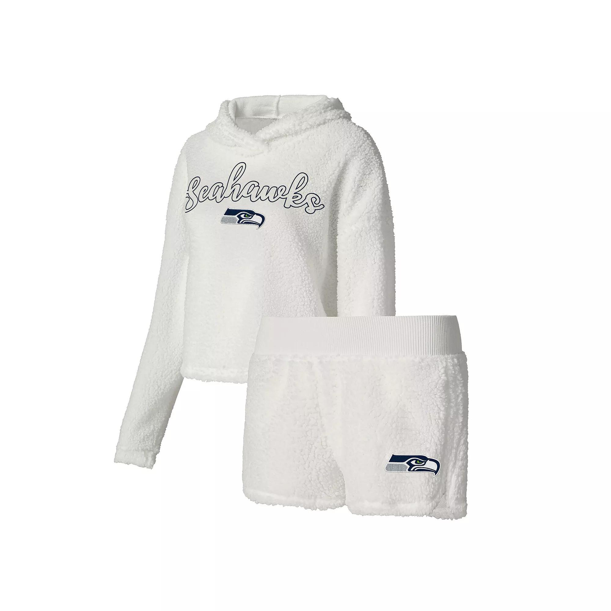Women's Concepts Sport White Seattle Seahawks Fluffy Pullover Sweatshirt & Shorts Sleep Set,  Product Image