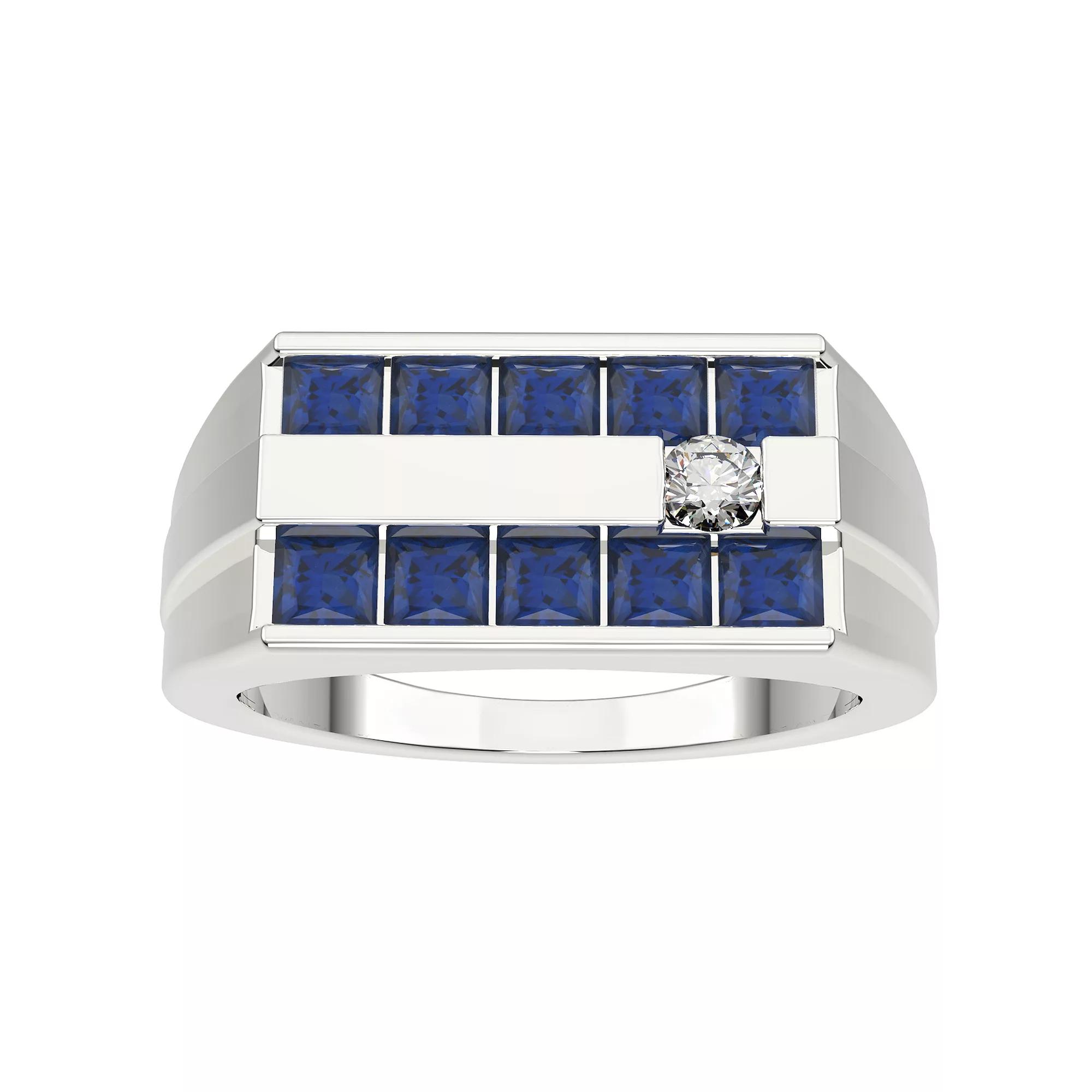 Men's Sterling Silver Lab Created Sapphire & Diamond Accent Ring, Size: 10.50 Product Image