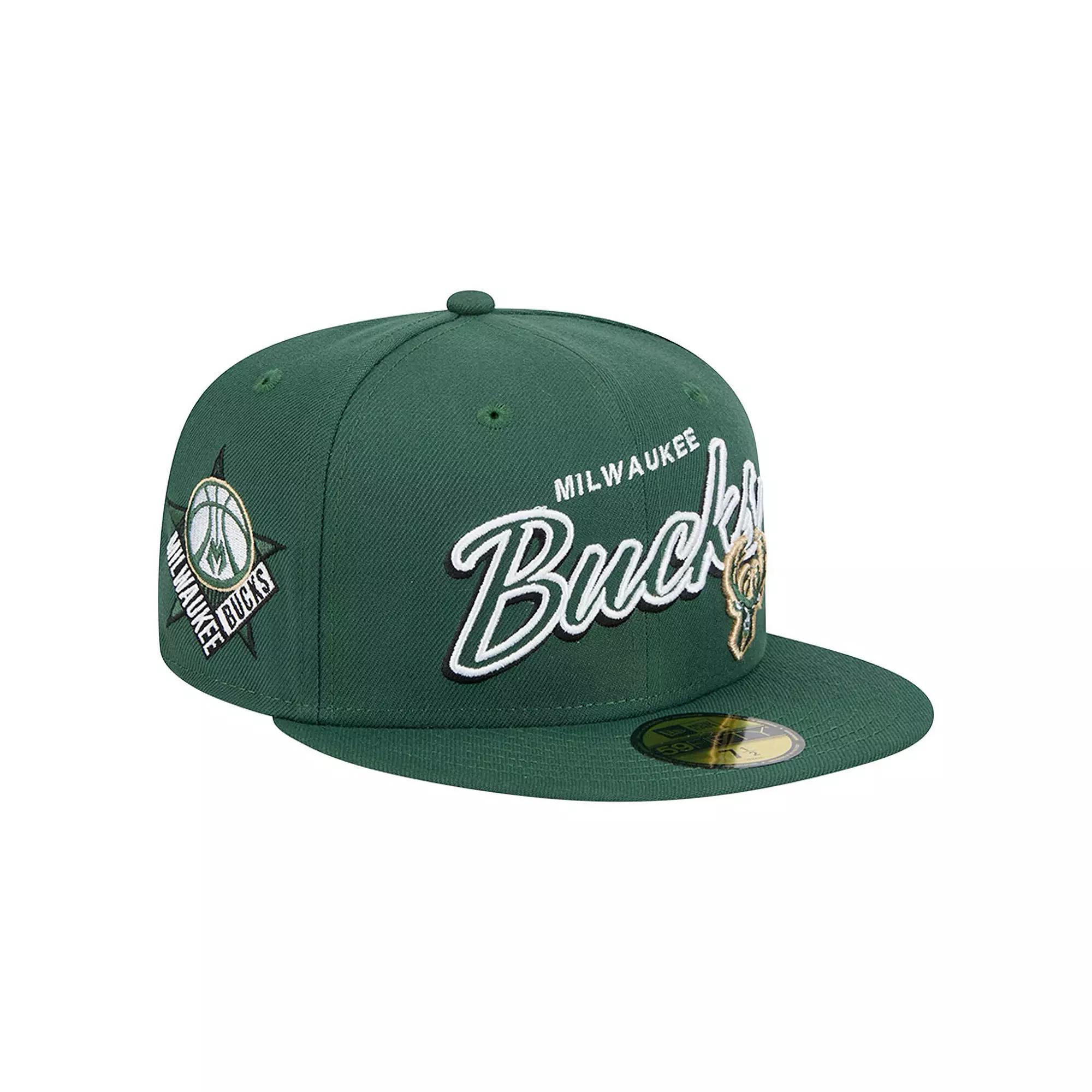 Men's New Era Hunter Green Milwaukee Bucks Sport Night Script Sided 59FIFTY Fitted Hat,  Product Image