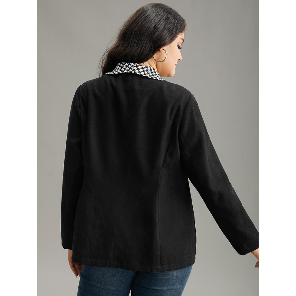 Plus Size Houndstooth Patchwork Contrast Twill Lapel Collar Blazer Black Women Dailywear Houndstooth Contrast Sleeve Long Sleeve Lapel Collar 12/L Casual Blazers BloomChic Product Image