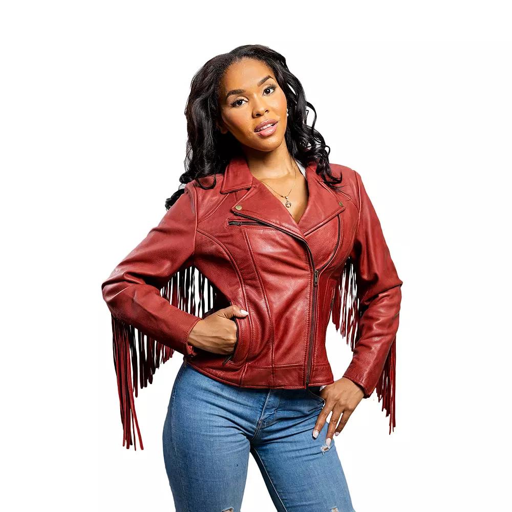 Women's Whet Blu Daisy Fringed Asymmetrical Moto Leather Jacket,  Product Image