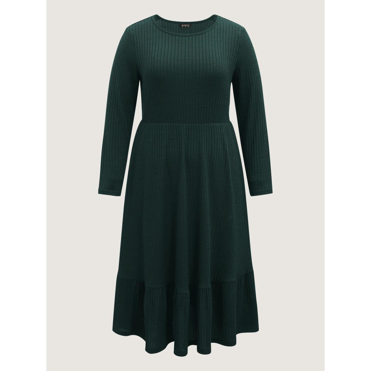 Plus Size Solid Pocket Rib Knit Ruffle Hem Dress Without Belt DarkGreen Women Leisure Non Round Neck Long Sleeve Curvy Midi Dress BloomChic 28/5X Product Image