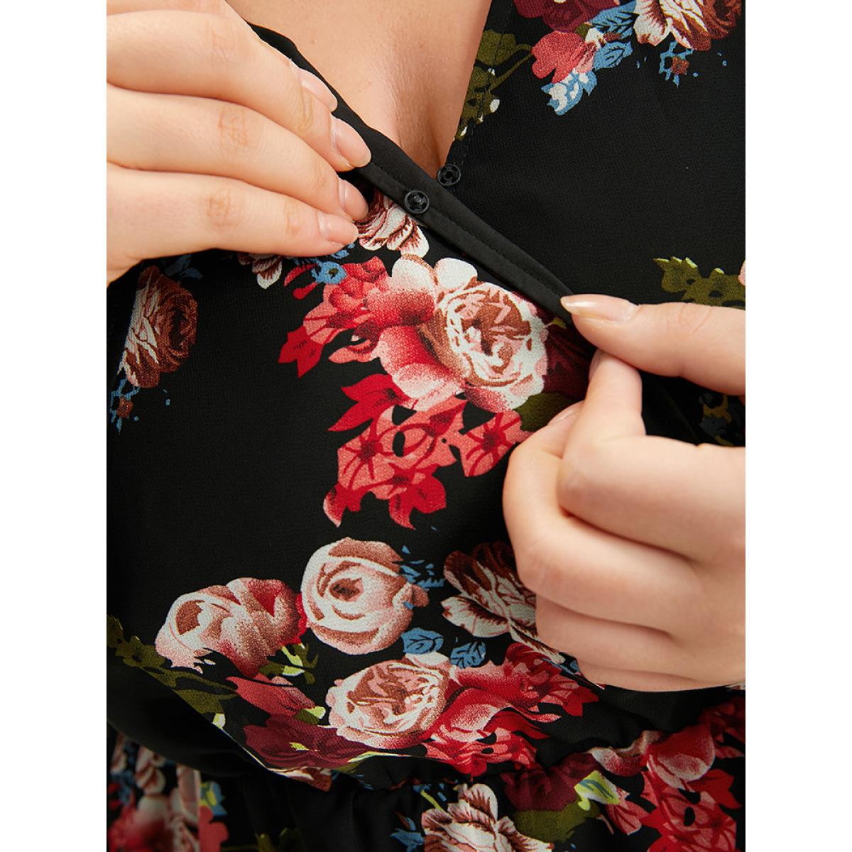 Plus Size Black Floral Print Patchwork Wrap Ties Lantern Sleeve Blouse Women Elegant Long Sleeve V-neck Dailywear Blouses BloomChic 30/6X Product Image