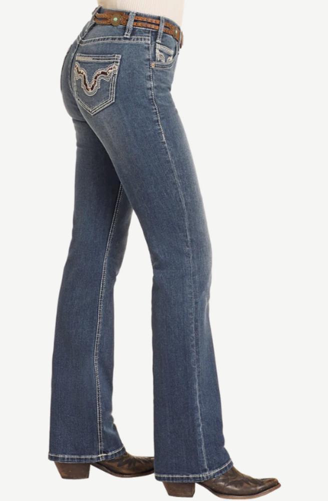 SALE Rock & Roll Denim® Ladies' Mid Rise Cowhide Embroidered Boot Cut Jeans Product Image