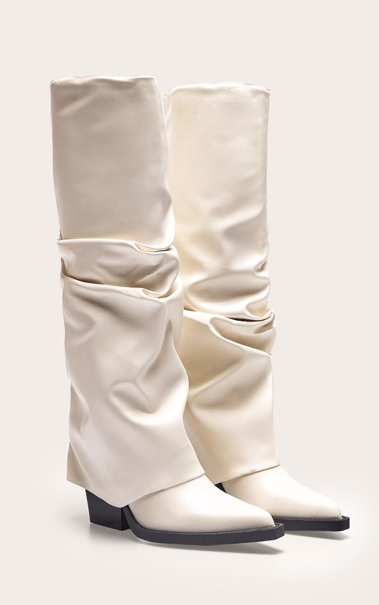 Cream Pu Point Toe Fold Over Block Heel Knee High Boots Product Image