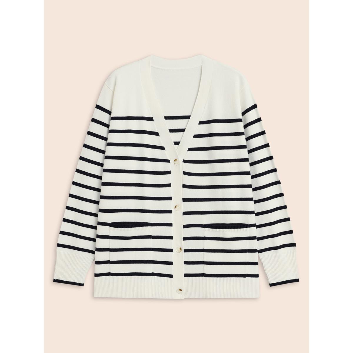 Plus Size Supersoft Essentials Striped Button Up Cardigan Ivory Women Casual Loose Long Sleeve Everyday Cardigans BloomChic 14-16/1X Product Image