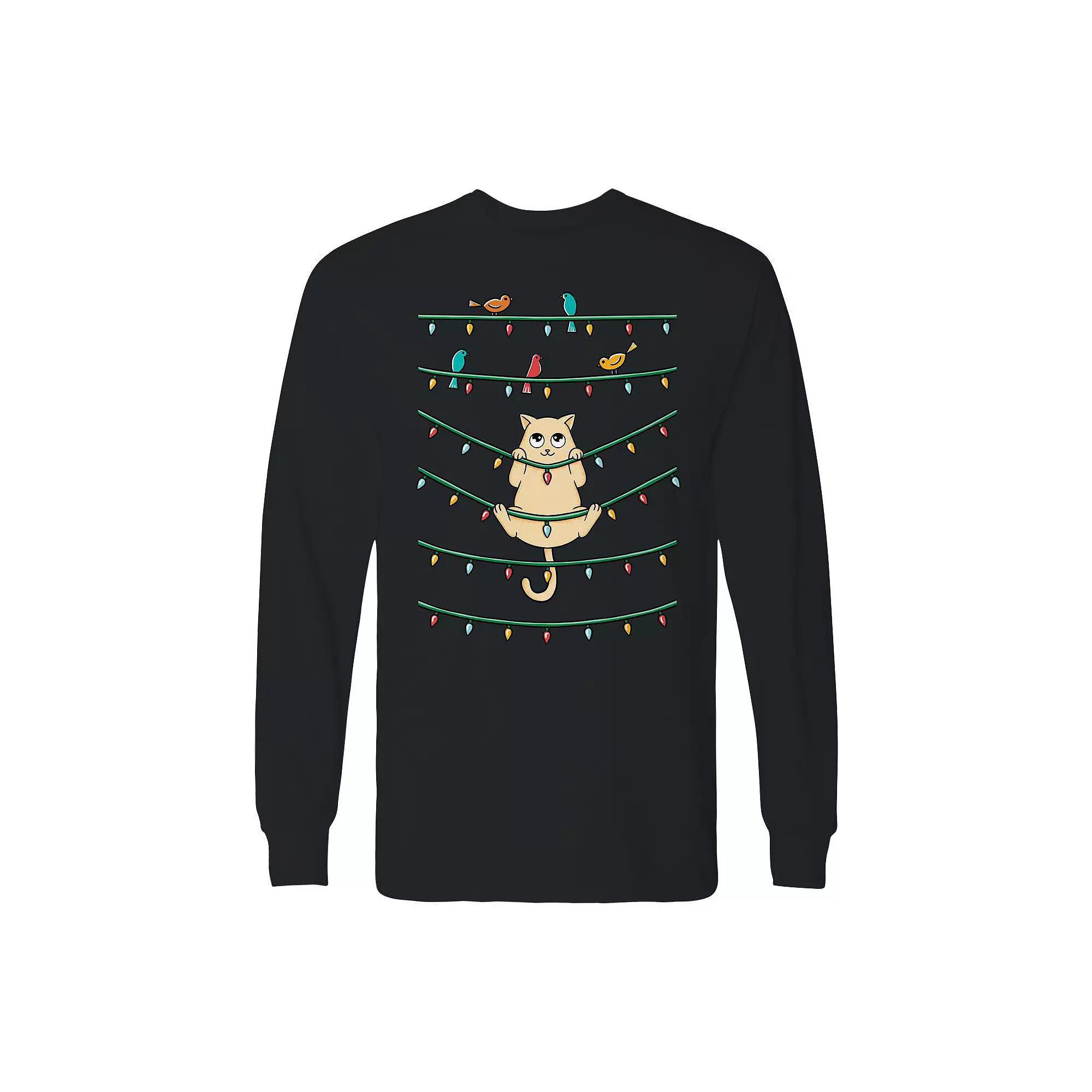 Men's Cat and Birds Christmas Long Sleeve Graphic Tee, Size: Medium, Black Product Image