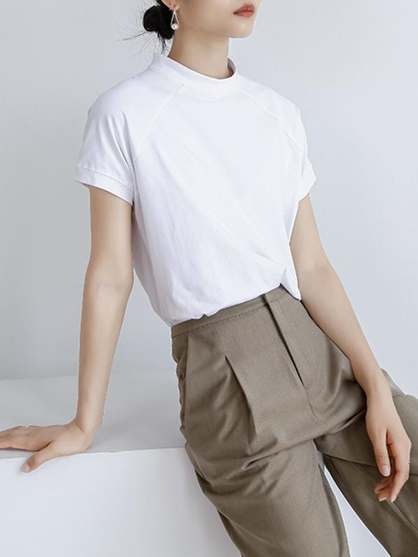 Casual Short Sleeves Loose Solid Color Stand Collar T-Shirts Tops Product Image