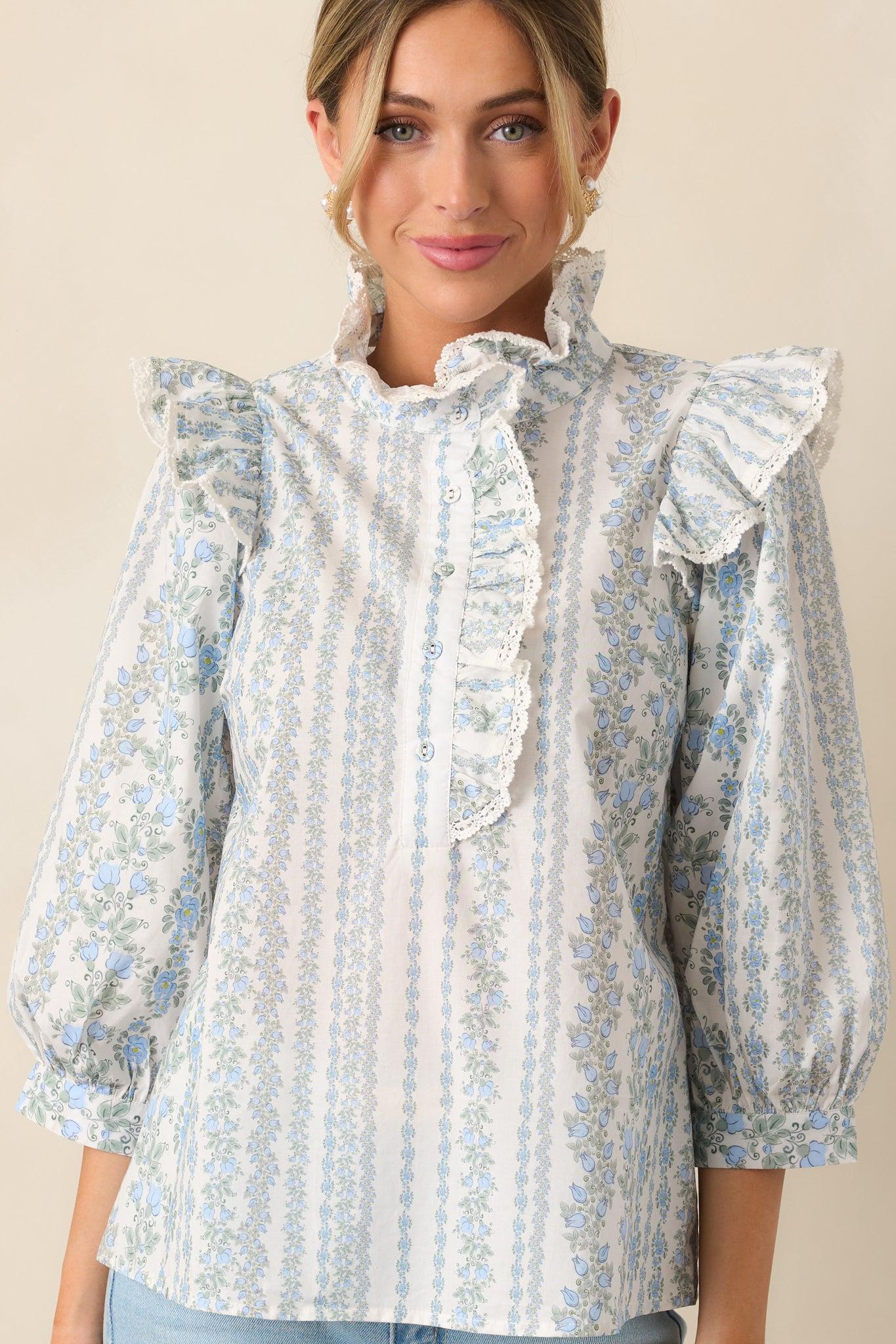 Hummingbird’s Haven Cotton Blue Flutter Sleeve Blouse Product Image