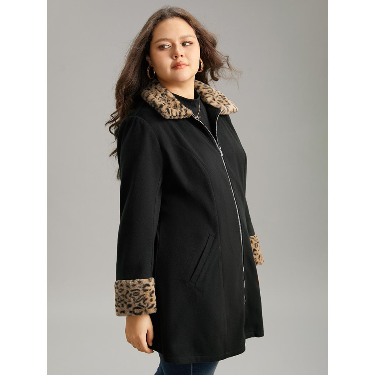 Plus Size Leopard Patchwork Fuzzy Trim Zipper Coat Women Black Casual Contrast Ladies Dailywear Winter Coats BloomChic 30/6X Product Image