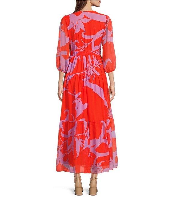 Taylor Chiffon Floral Print V Neck 3/4 Sleeve A-Line Maxi Dress Product Image