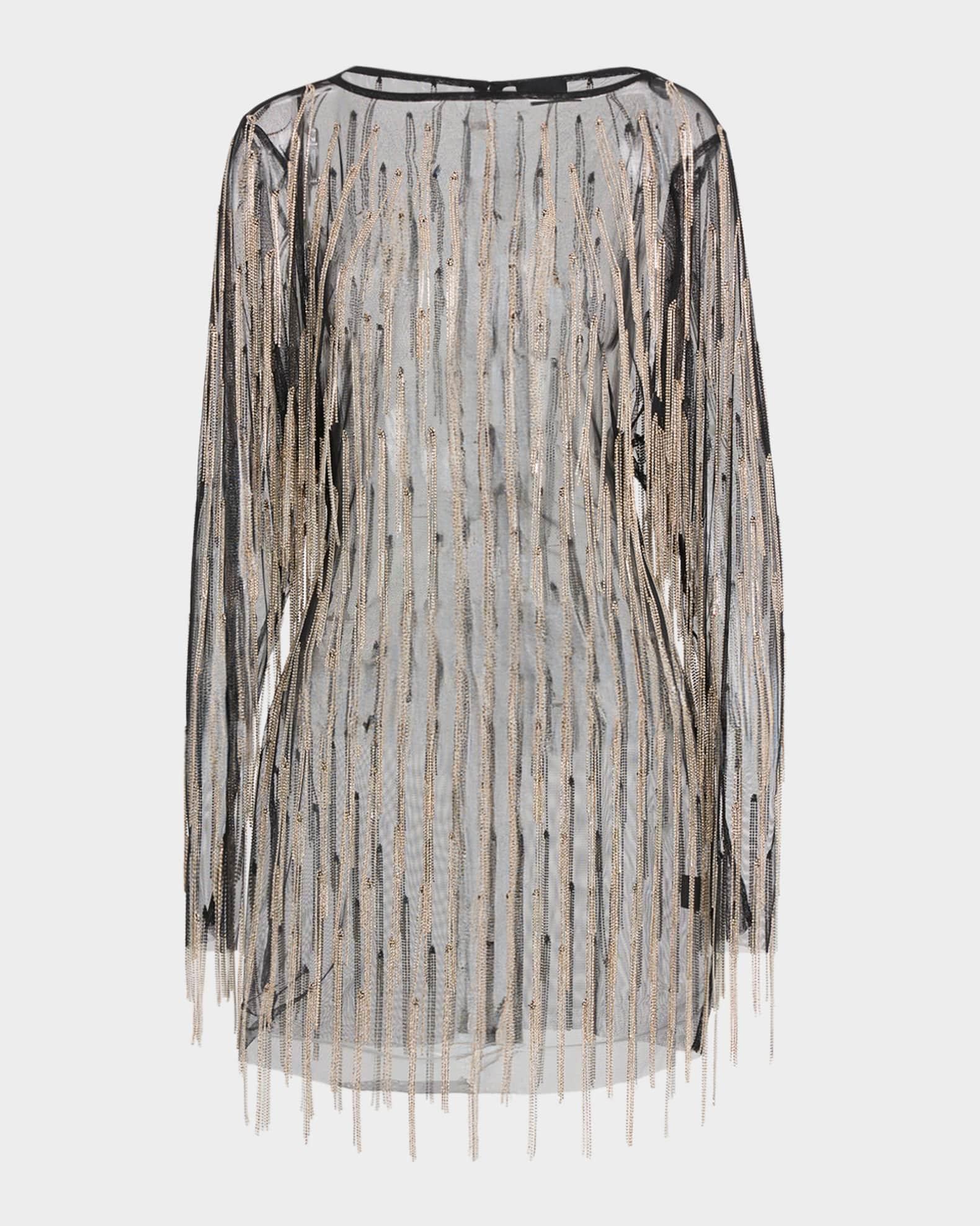 Crystal Fringe Mesh Long-Sleeve Mini Dress Product Image