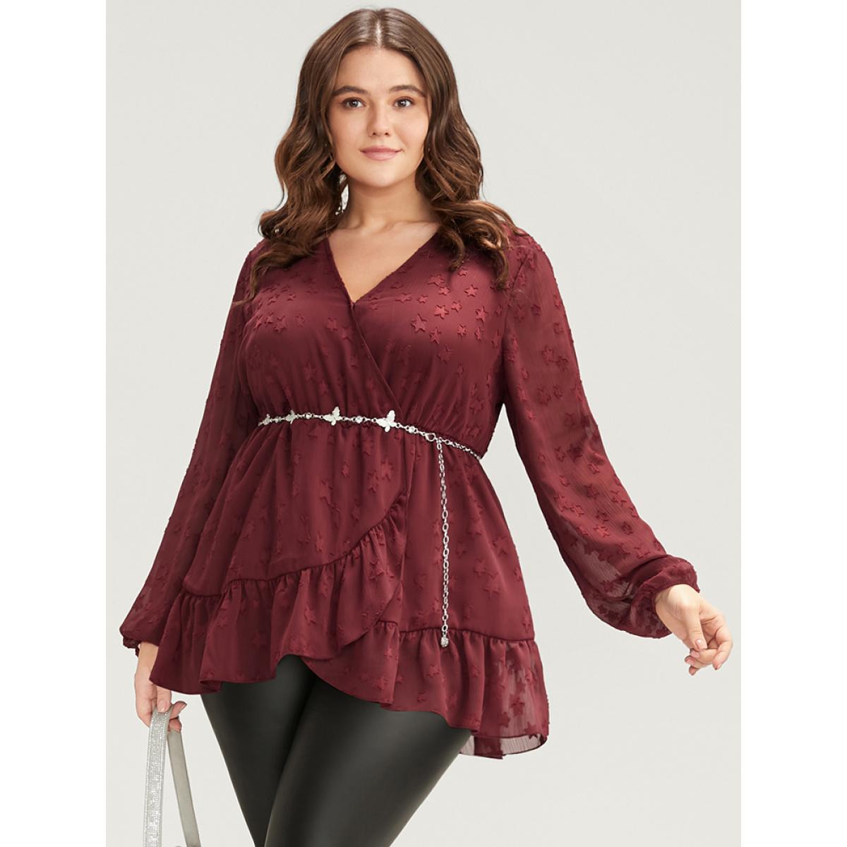 Plus Size Burgundy Star Mesh Lantern Sleeve Surplice Neck Ruffle Hem Blouse Women Glamour Long Sleeve V-neck Going out Blouses BloomChic 26/4X Product Image