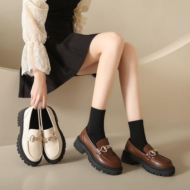 Platform Plain Chained Faux Leather Loafers Product Image