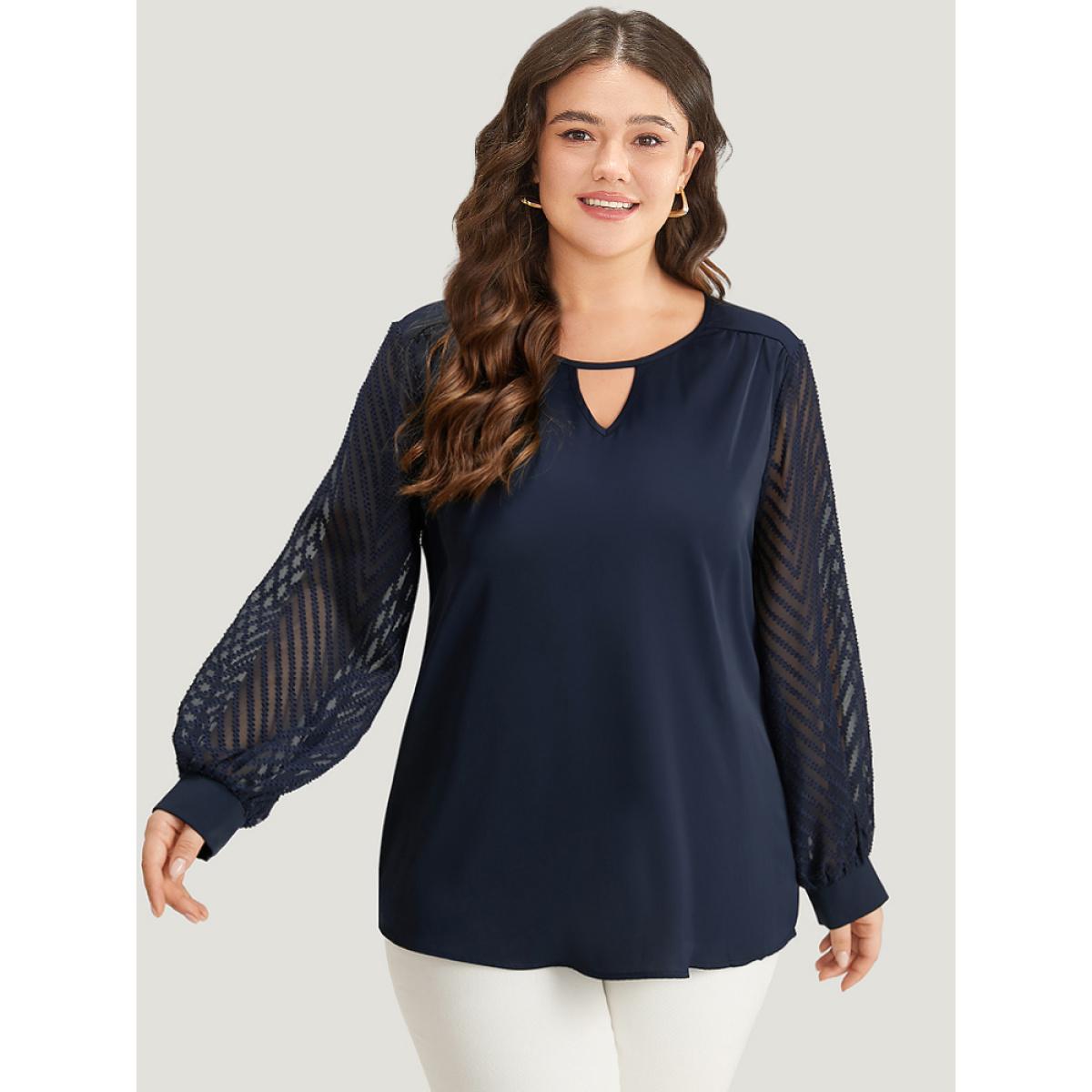 Plus Size Black Plain Keyhole Lace Patchwork Lantern Sleeve Blouse Women Office Long Sleeve Keyhole Cut-Out Work Blouses BloomChic 22-24/3X Product Image