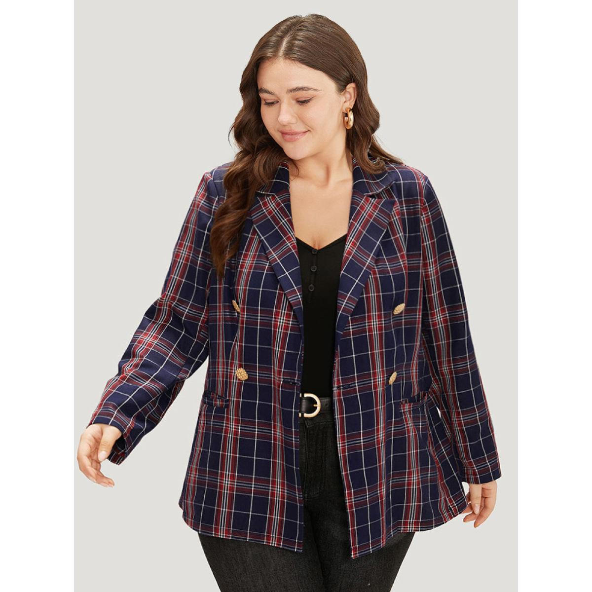 Plus Size Plaid Suit Collar Button Up Pocket Blazer Indigo Women Dailywear Plaid Contrast Sleeve Long Sleeve Suit Collar 14-16/1X Pocket Casual Blazers BloomChic Product Image