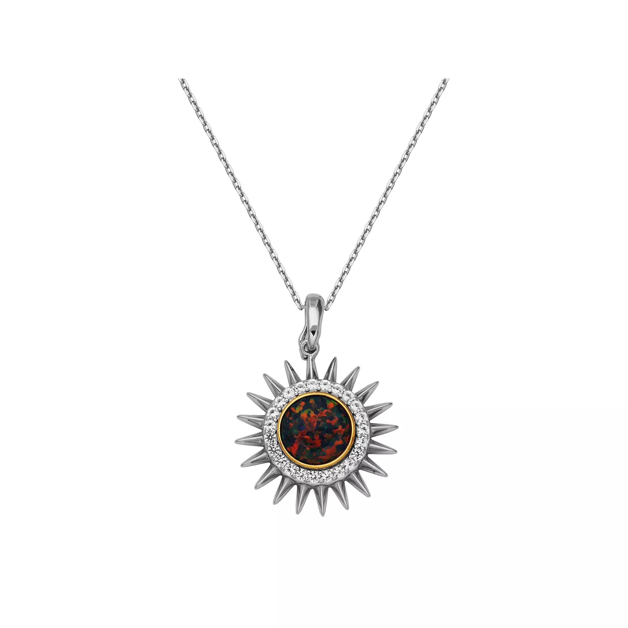 Sterling Silver Lab-Created Black Opal and White Sapphire Sunburst Pendant Necklace, Women's, Size: 18-20" ADJ, Two Tone Product Image