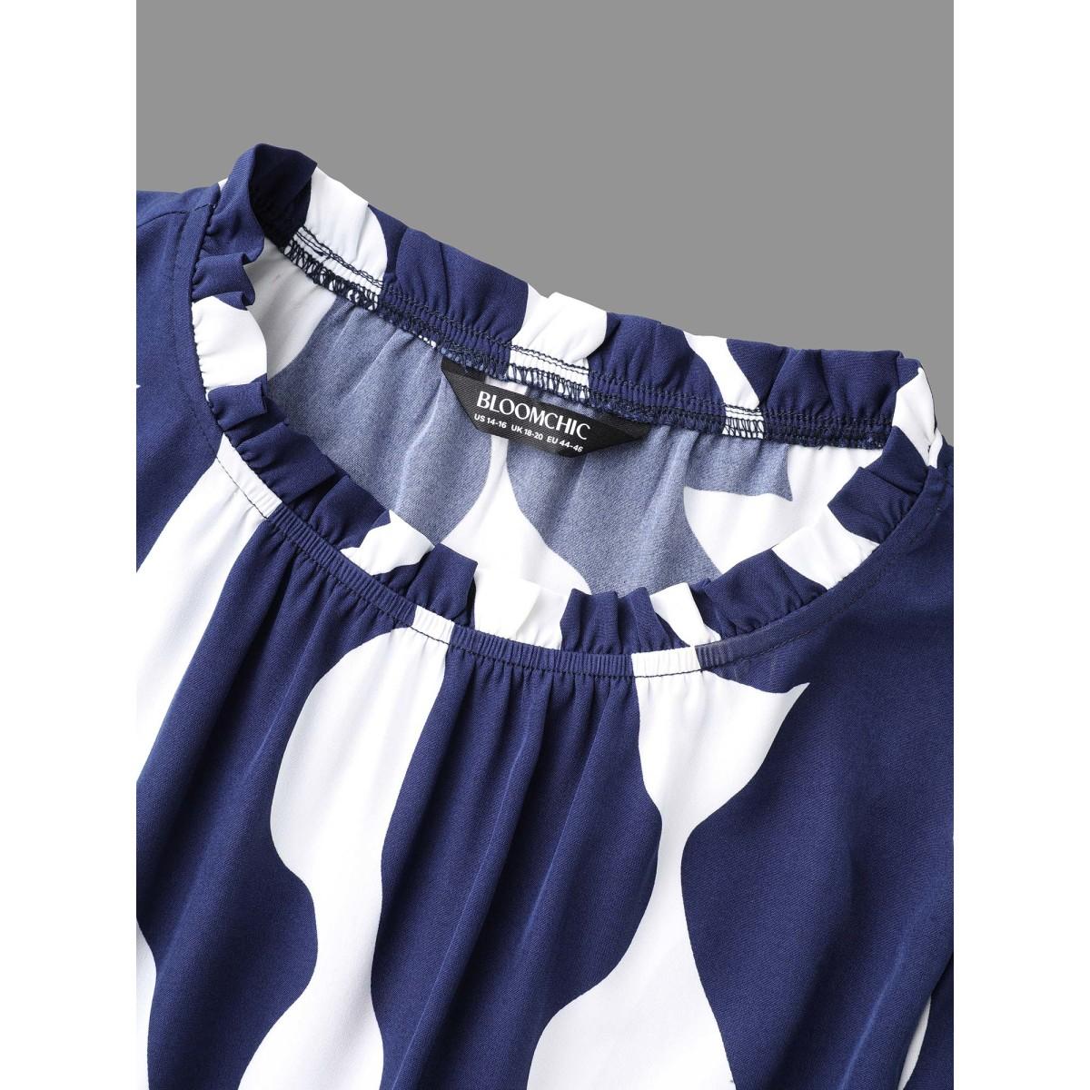 Plus Size Round Neck Color Contrast Frill Trim Dress Navy Women Elegant Frill Trim Round Neck Long Sleeve Curvy BloomChic 18-20/2X Product Image