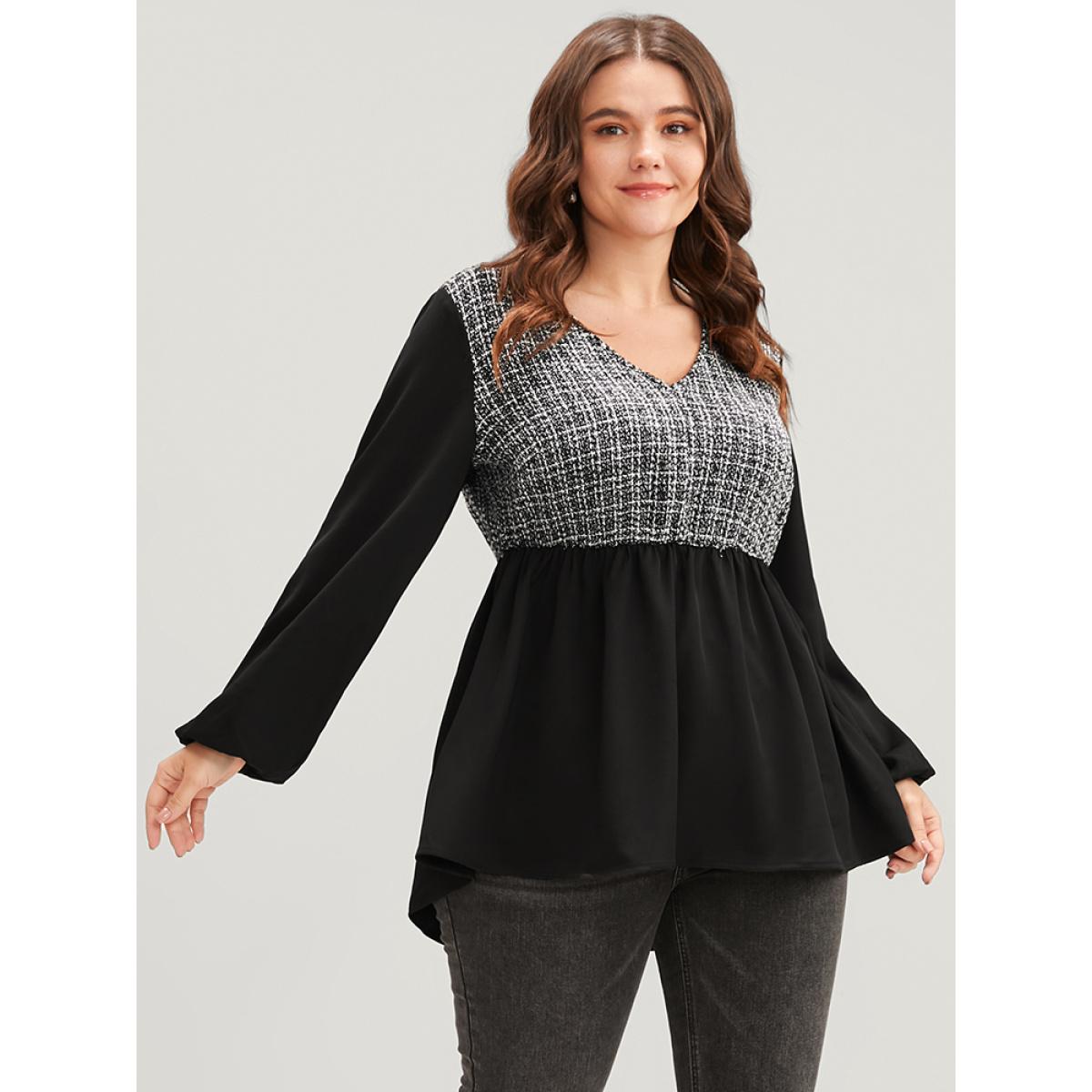 Plus Size Black Gingham Tweed Lantern Sleeve Asymmetrical Hem Blouse Women Elegant Long Sleeve V-neck Dailywear Blouses BloomChic 14-16/1X Product Image