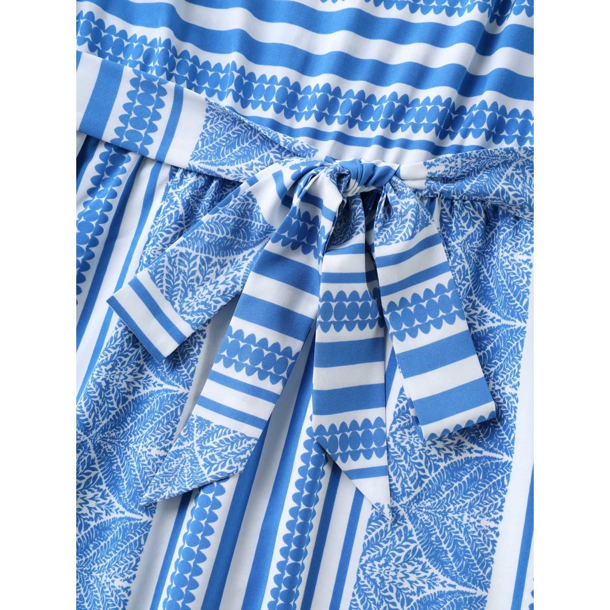 Plus Size Nautical Stripes Belted Pockets Maxi Dress Skyblue Women Round Neck Cap Sleeve Curvy BloomChic 14-16/1X Product Image