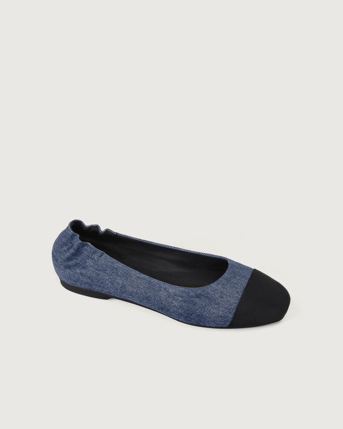 Enfiis Blue Twill Denim Square Toe Ballet Flats Product Image