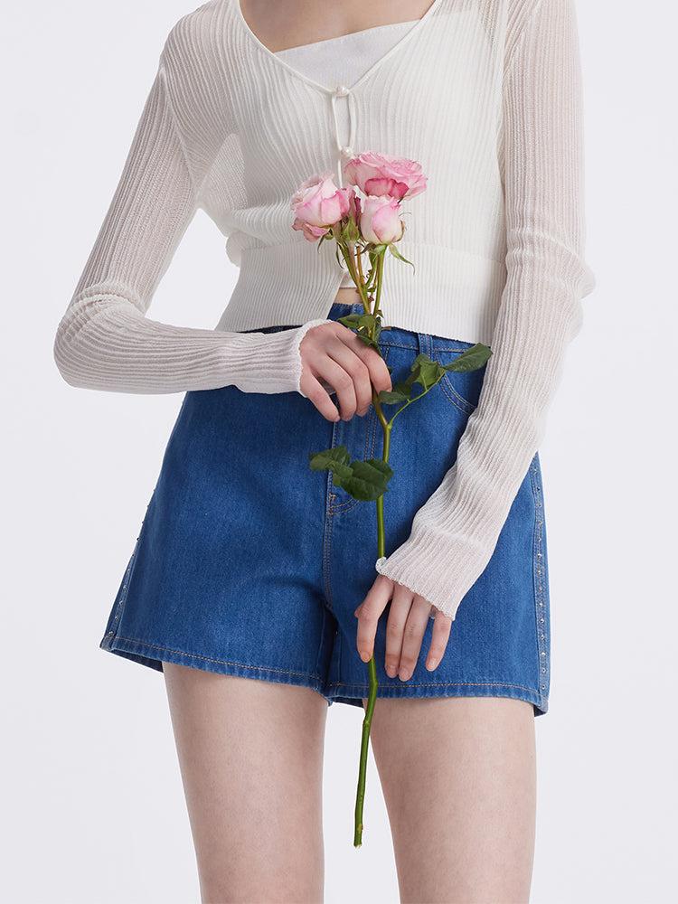 Rhinestone Denim A-Line Women Shorts Product Image