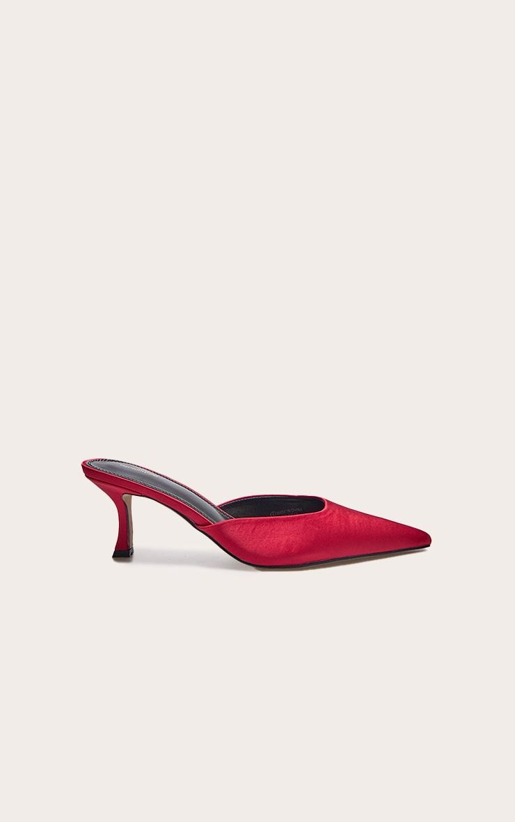 Red Satin Point Toe Mid Stiletto Heeled Mules Product Image