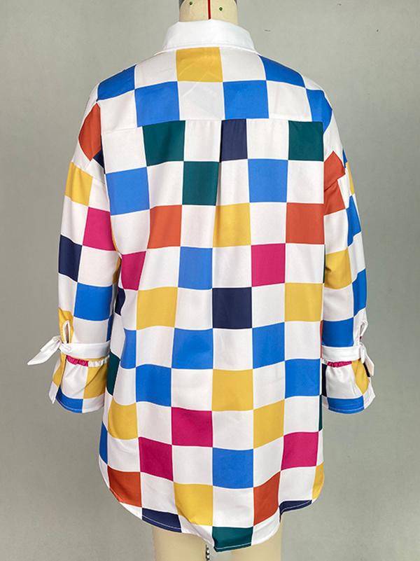 Long Sleeves Loose Buttoned Contrast Color Plaid Tied Stand Collar Blouses&Shirts Tops Product Image