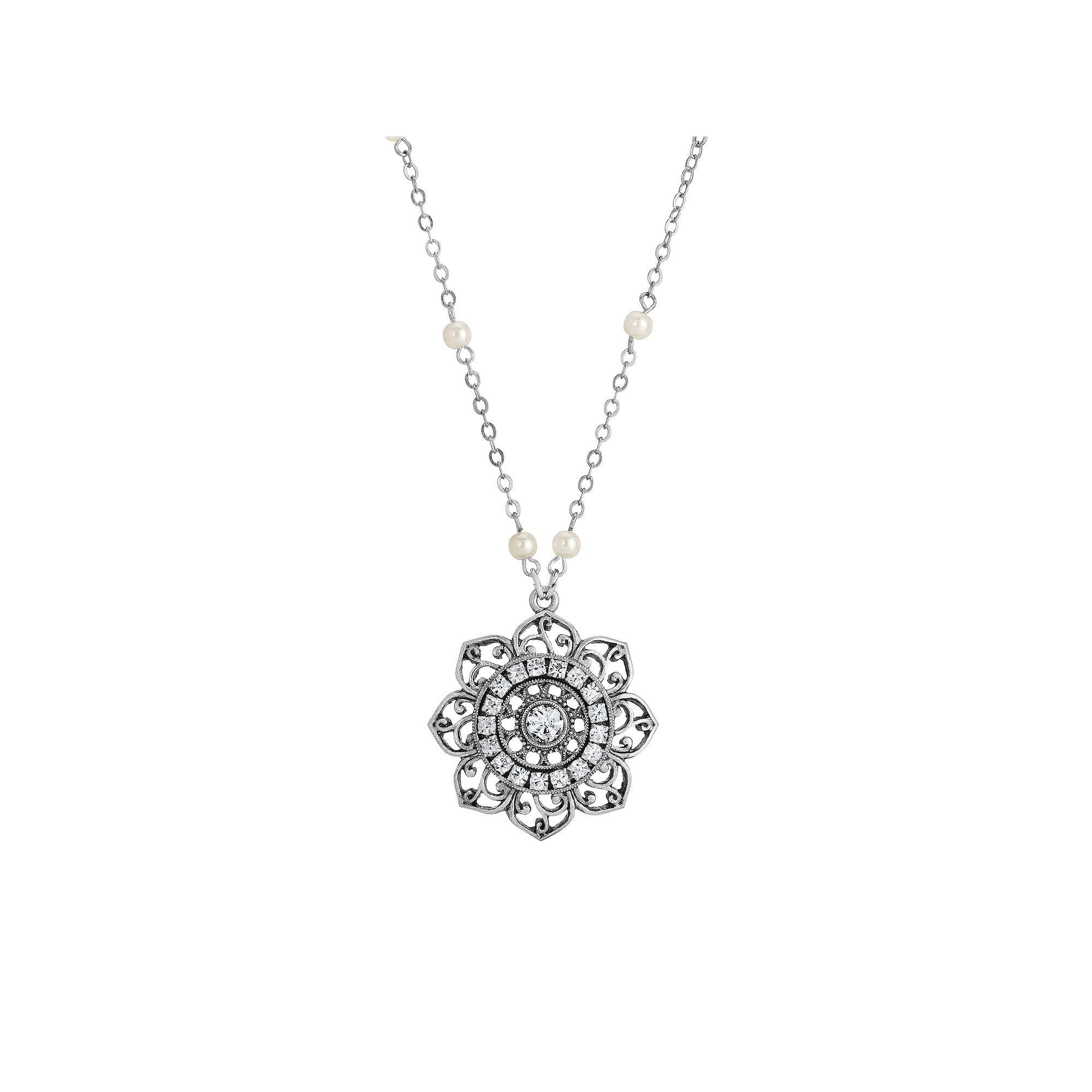 1928 Silver Tone Flower Simulated Crystal Necklace, Womens, White Product Image