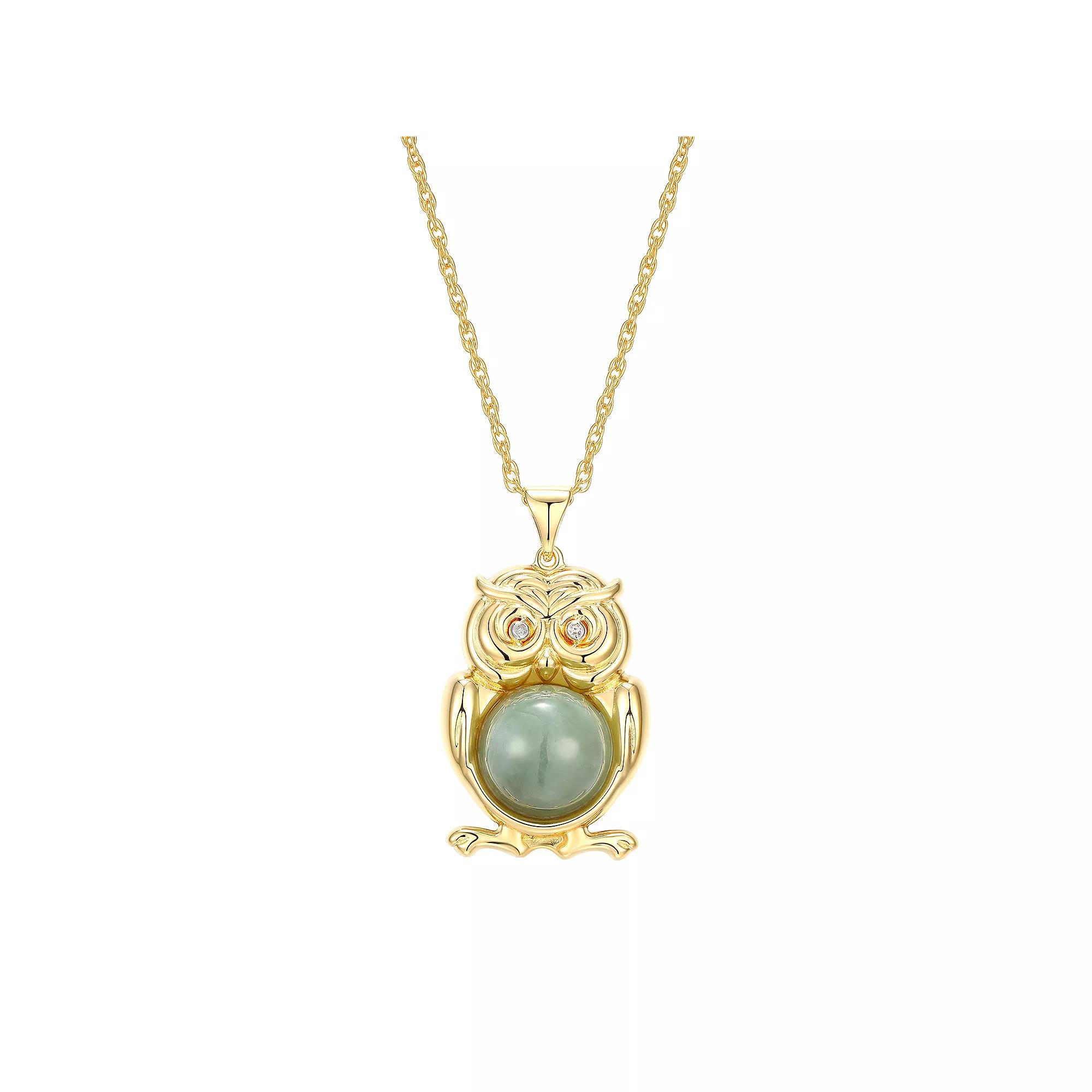 Dynasty Jade 18K Gold over Sterling Silver Genuine Jade & Diamond Accent Owl Pendant Necklace, Women's, Size: 18-20" ADJ, Gold Tone Product Image