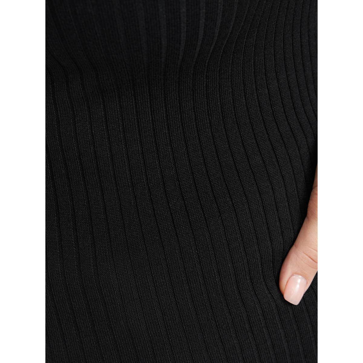 Plus Size Solid Super Soft Rib Knit Cut Out Knit Top Black Women Elegant Bodycon Long Sleeve Round Neck Dailywear Pullovers BloomChic 28/5X Product Image