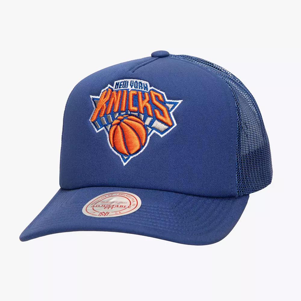 Men's Mitchell & Ness Blue New York Knicks Core Evergreen OTC Trucker Adjustable Hat Product Image