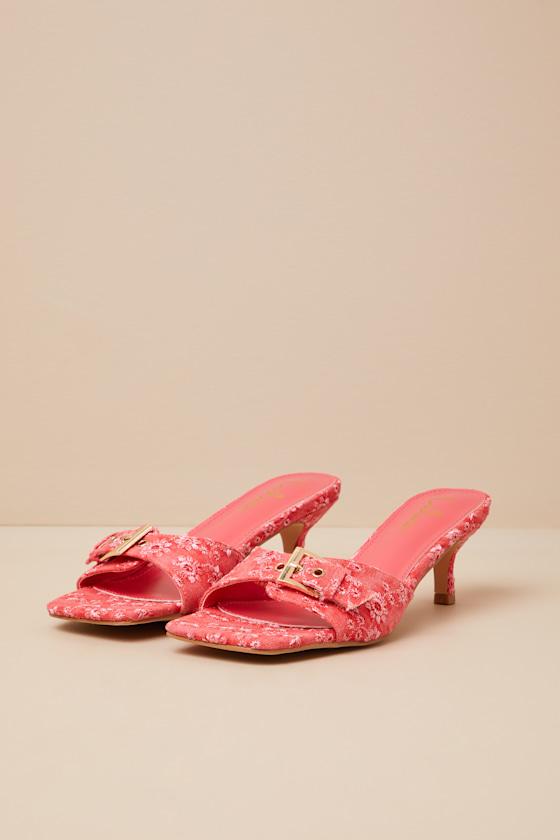 Austina Red Embroidered Buckle High Heel Slide Sandals Product Image