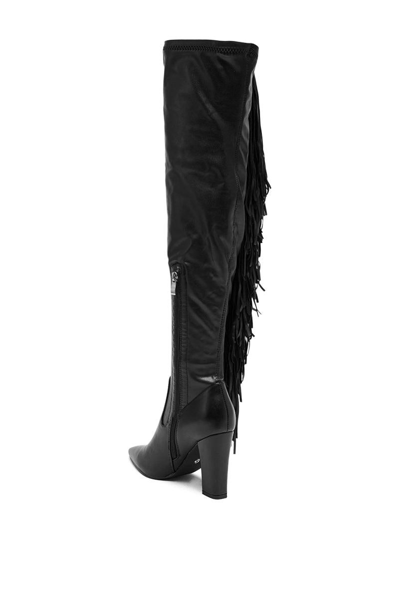 AZALEA WANG KATRICIA BLACK FRINGE CHUNKY BOOT Product Image