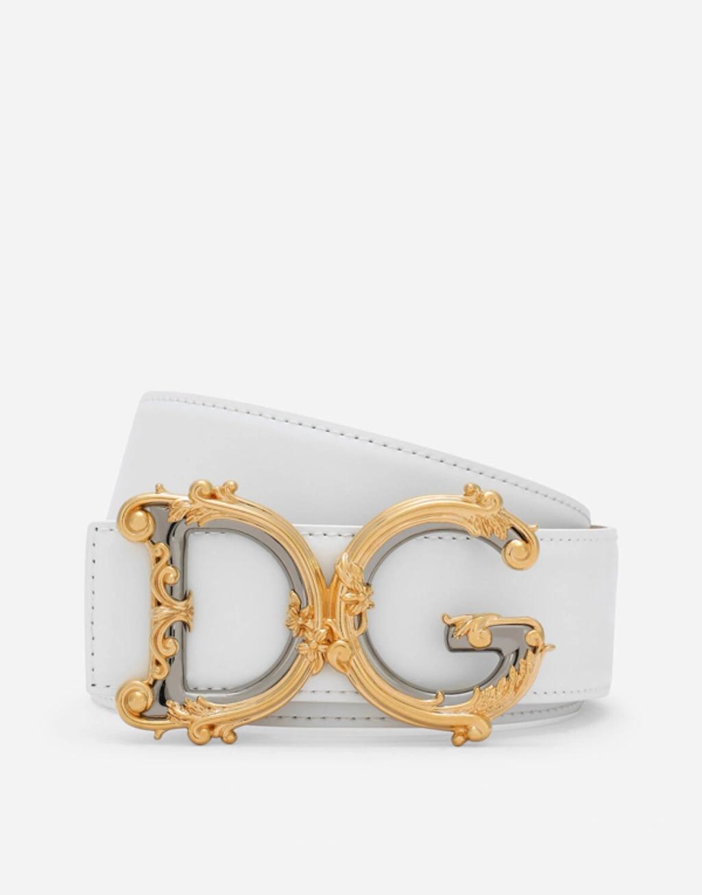 DOLCE & GABBANA Baroque Dg Logo Buckle Belt In Calf Leather In White Product Image