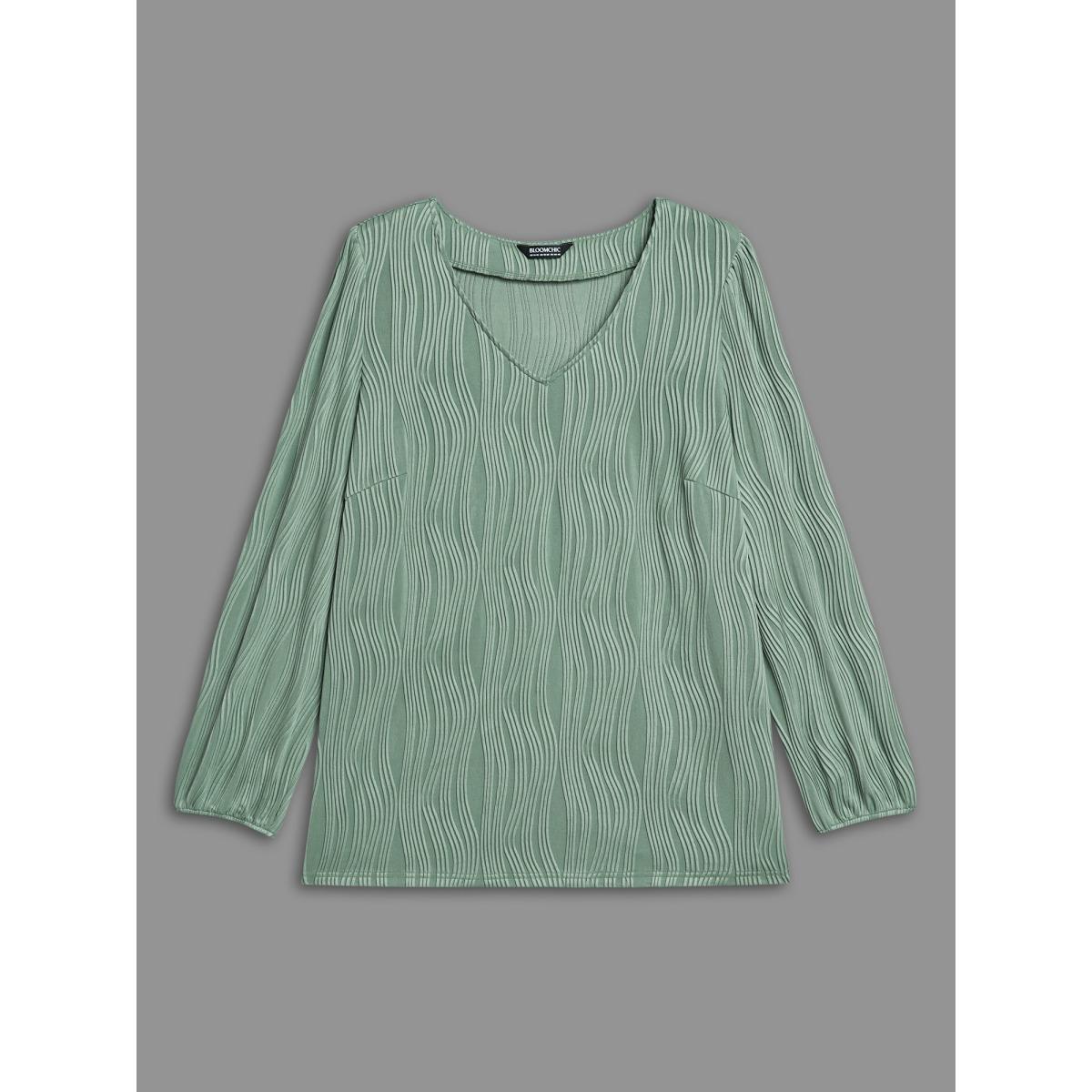 Plus Size Greenbean V-Neck Textured Balloon Sleeve Blouse Women Elegant Extra Long Sleeve Flat collar with V-notch Everyday Blouses BloomChic 18-20/2X Product Image