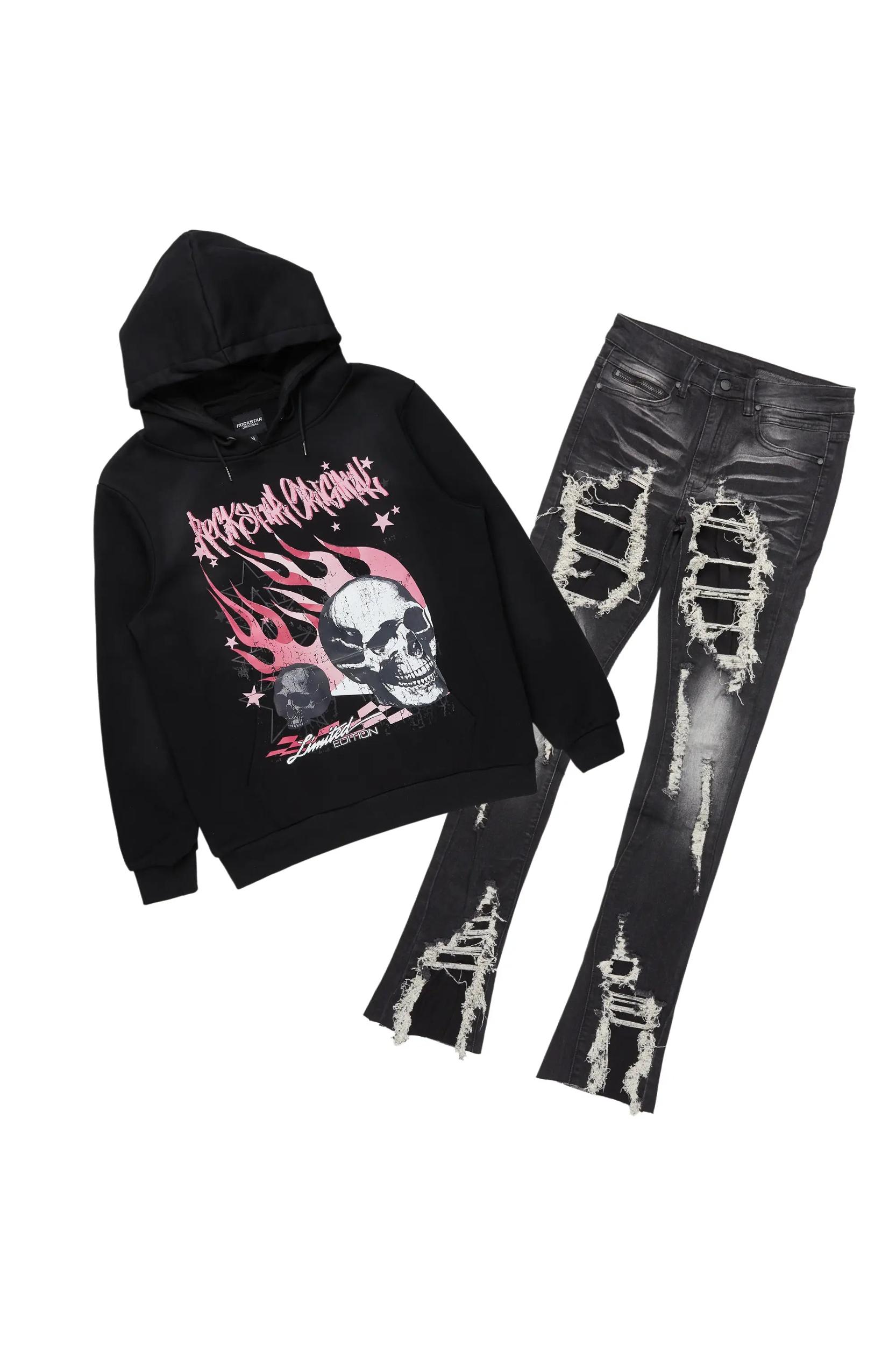 Anneso Black/Dark Grey Hoodie & Fateh Stacked Jean Bundle Male Product Image