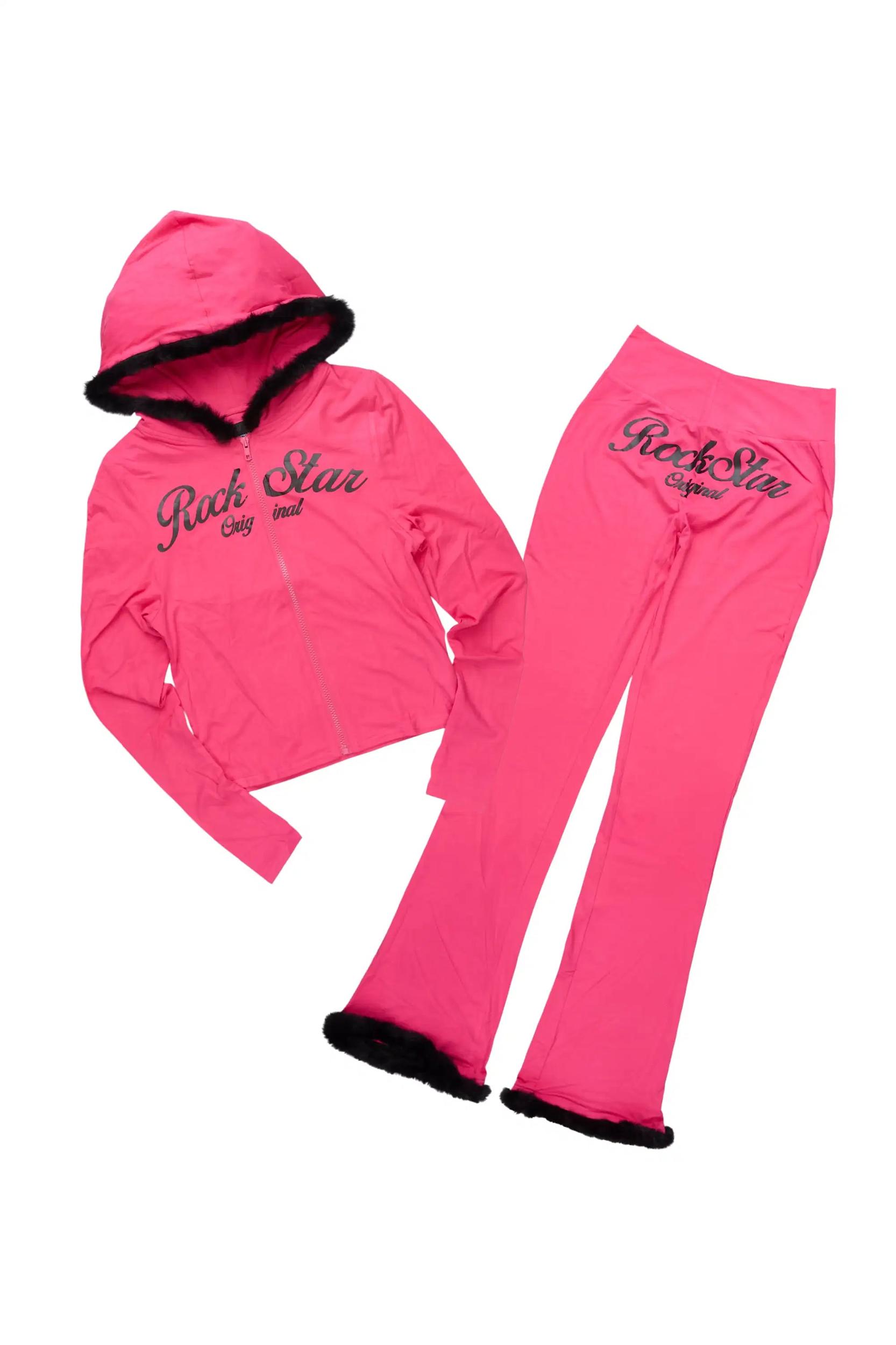 Metrie Hot Pink  Lounge Track Set With Fur Trim Female Product Image