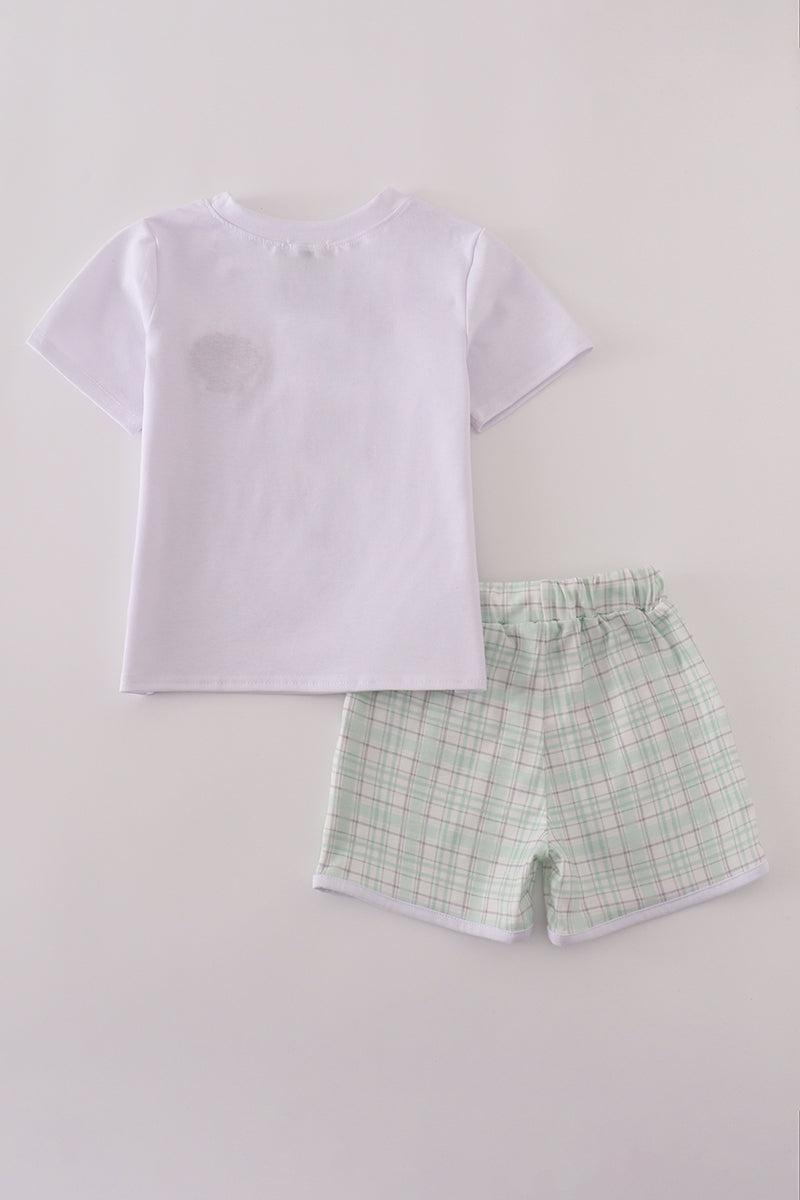 Blue sailboats embroidery smocked shorts set Product Image