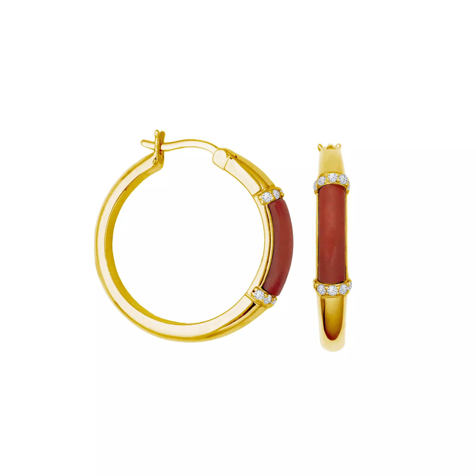 Dynasty Jade 18k Gold Over Silver Dyed Red Jade & Cubic Zirconia Hoop Earrings, Women's, Gold Tone Product Image