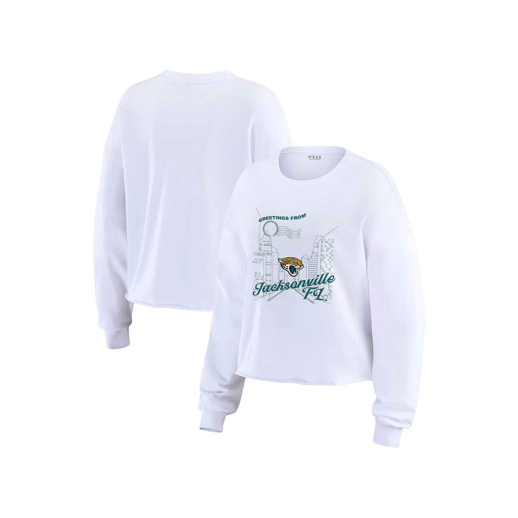 Women's WEAR by Erin Andrews White Jacksonville Jaguars Postcard Cropped Long Sleeve Top, Size: Medium Product Image