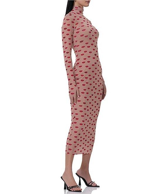 AFRM Shailene Mesh Novelty Kiss Print Turtleneck Long Sleeve Bodycon Midi Dress Product Image