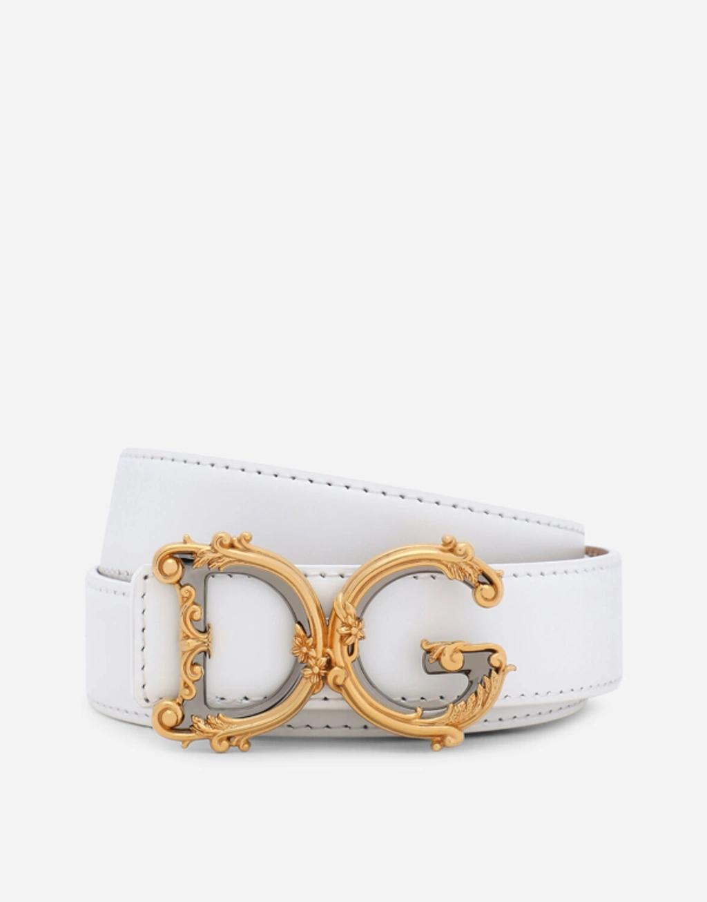 DOLCE & GABBANA Baroque Dg Logo Buckle Belt In Calf Leather In White Product Image